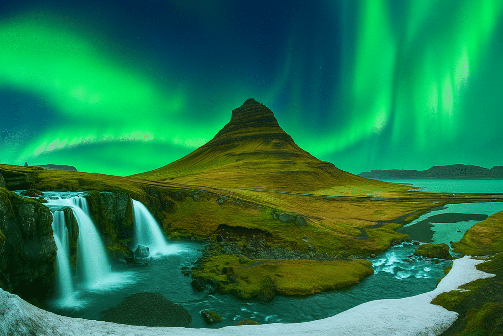 Northern Lights dancing in the night sky above a dramatic mountain peak and a cascading waterfall in Iceland, surrounded by snow patches and a winding river under a clear, starry sky.