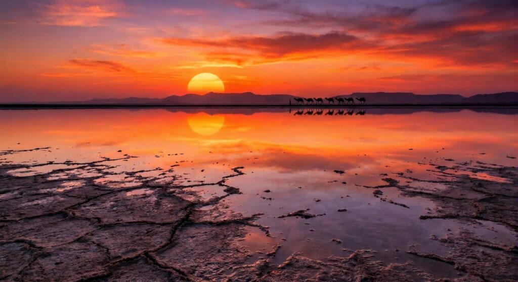 Image of a stunning Kutch sunset with the salt flats reflecting the orange light perfectly. Perhaps a subtle reflection of the sky or distant silhouette of a camel.